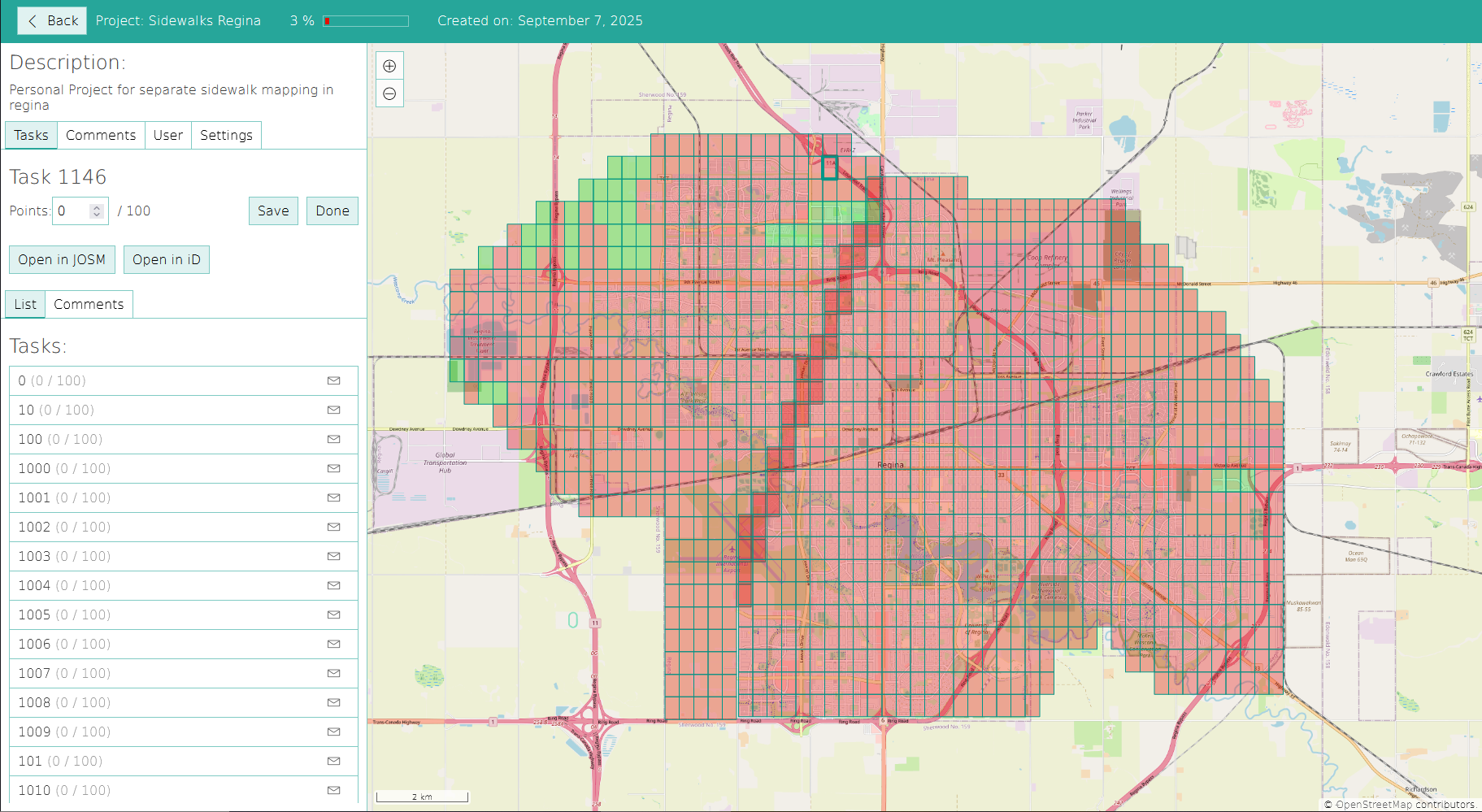 A screenshot of a SimpleTaskManager for a project called "Sidewalks Regina". A large grid layer is over a map of Regina, with majority grids being red with some green in the north and east. The progress bar at the top shows 3%.