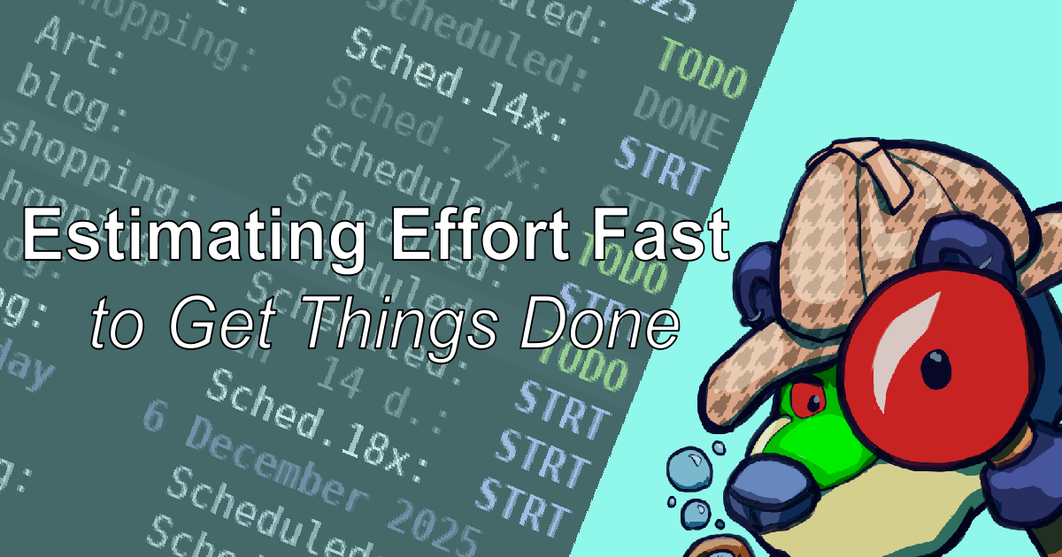 Malle as a detective with my org-agenda in the background. The title text says Estimating Effort Fast to Get Things Done.