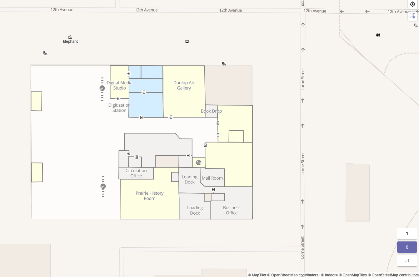 A screenshot from IndoorEqual of the base floor of the central branch of Regina Public Library. The rooms are visible within the building outline.