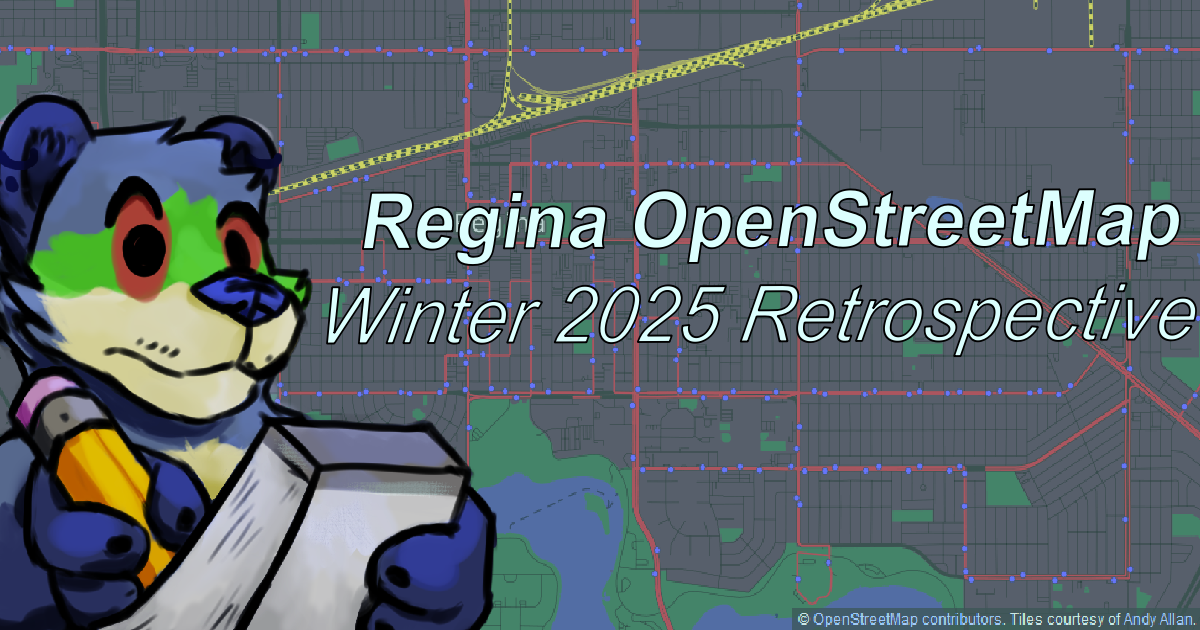 Banner image of Malle writing in a notepad in the foreground, the map of Regina in the background in the Transport layer mode with attribution in the bottom right. Regina OpenStreetMap Winter 2025 Retrospective is superimposed.